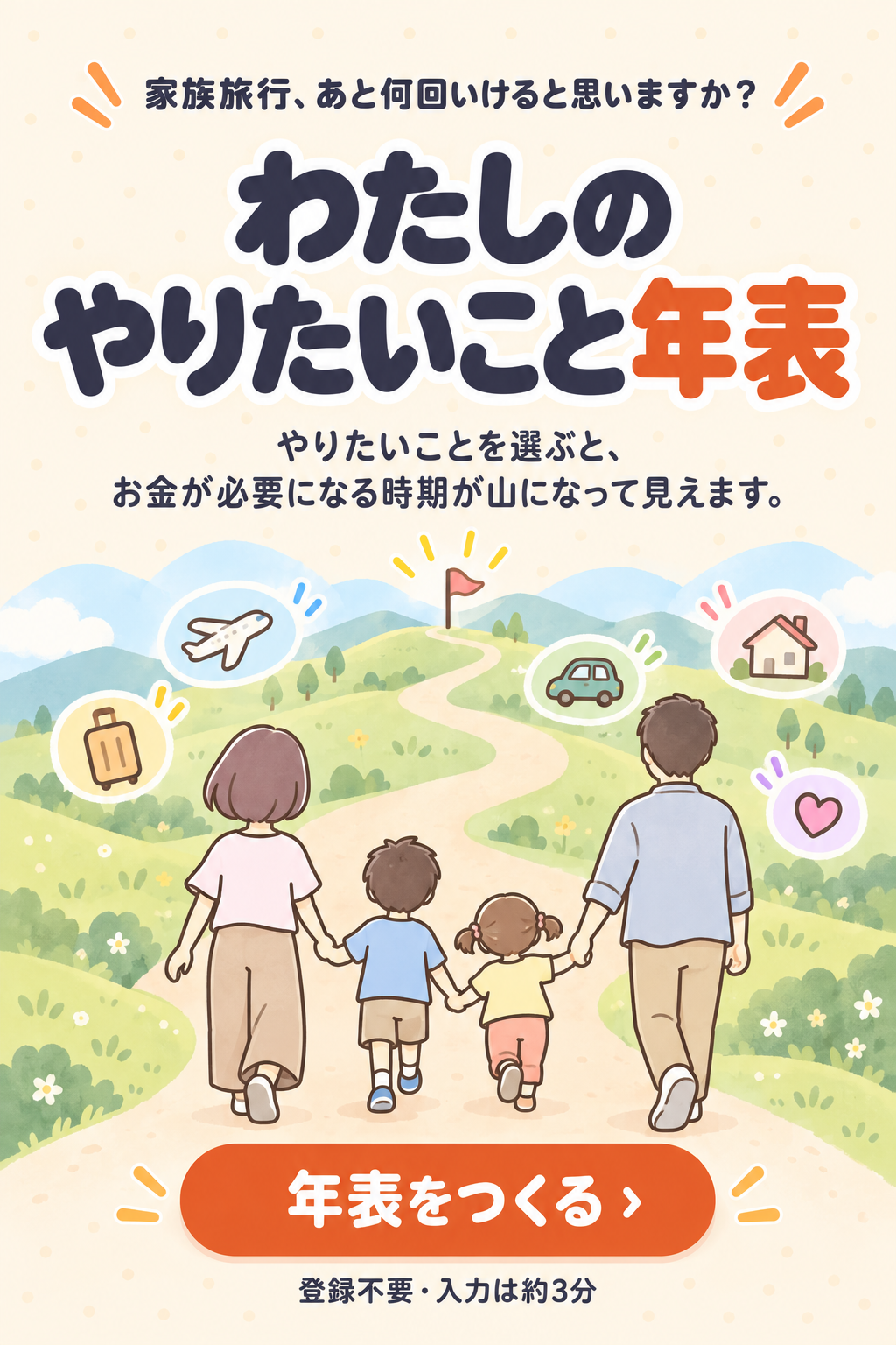 家族旅行、あと何回いけると思いますか？ わたしのやりたいこと年表。やりたいことを選ぶと、お金が必要になる時期が山になって見えます。