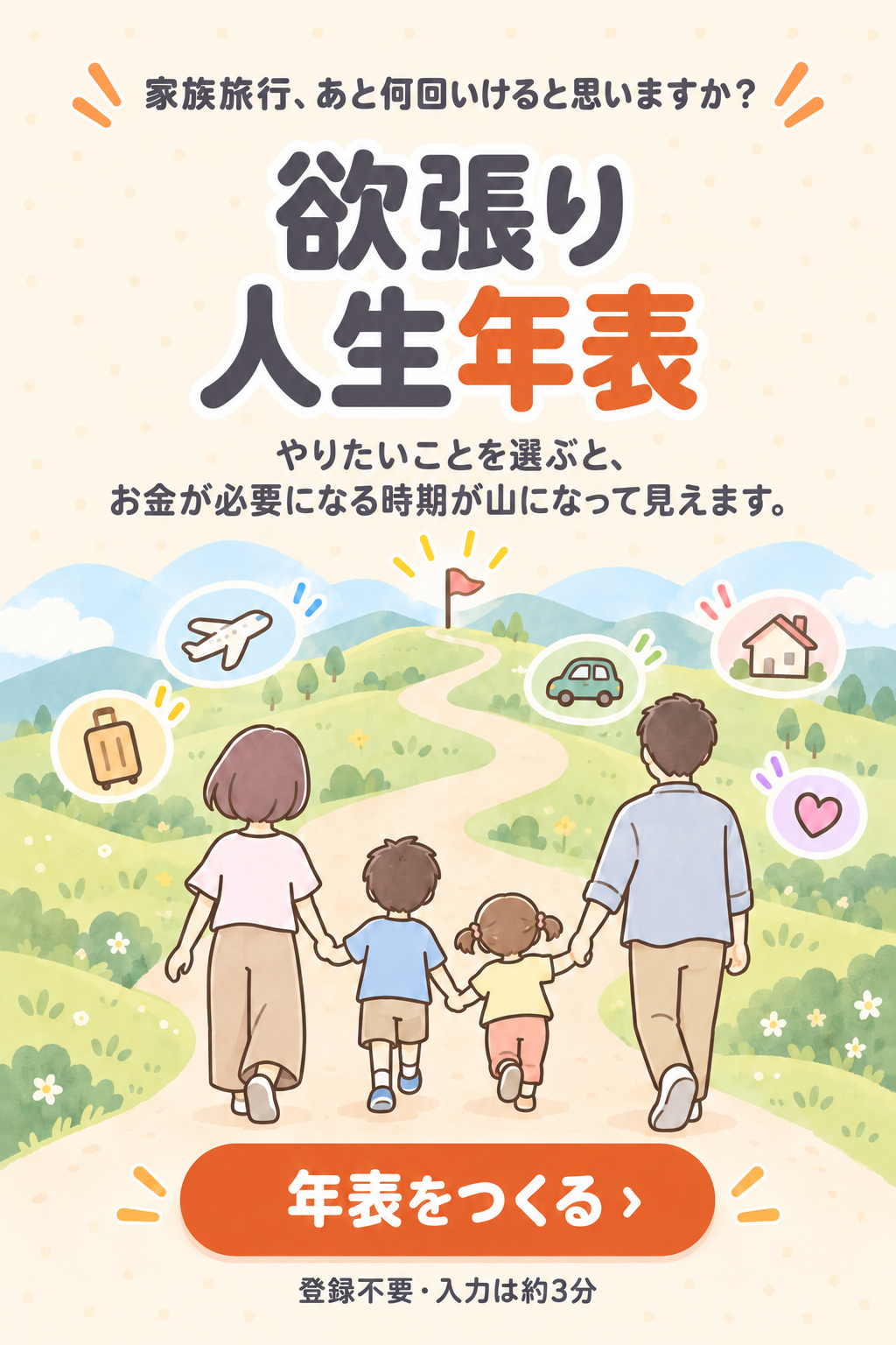 家族旅行、あと何回いけると思いますか？ 欲張り人生年表。やりたいことを選ぶと、お金が必要になる時期が山になって見えます。